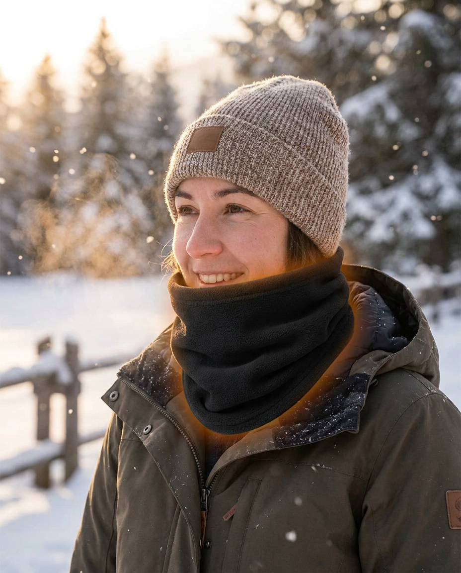 Hero shot - person wearing heated neck gaiter in winter