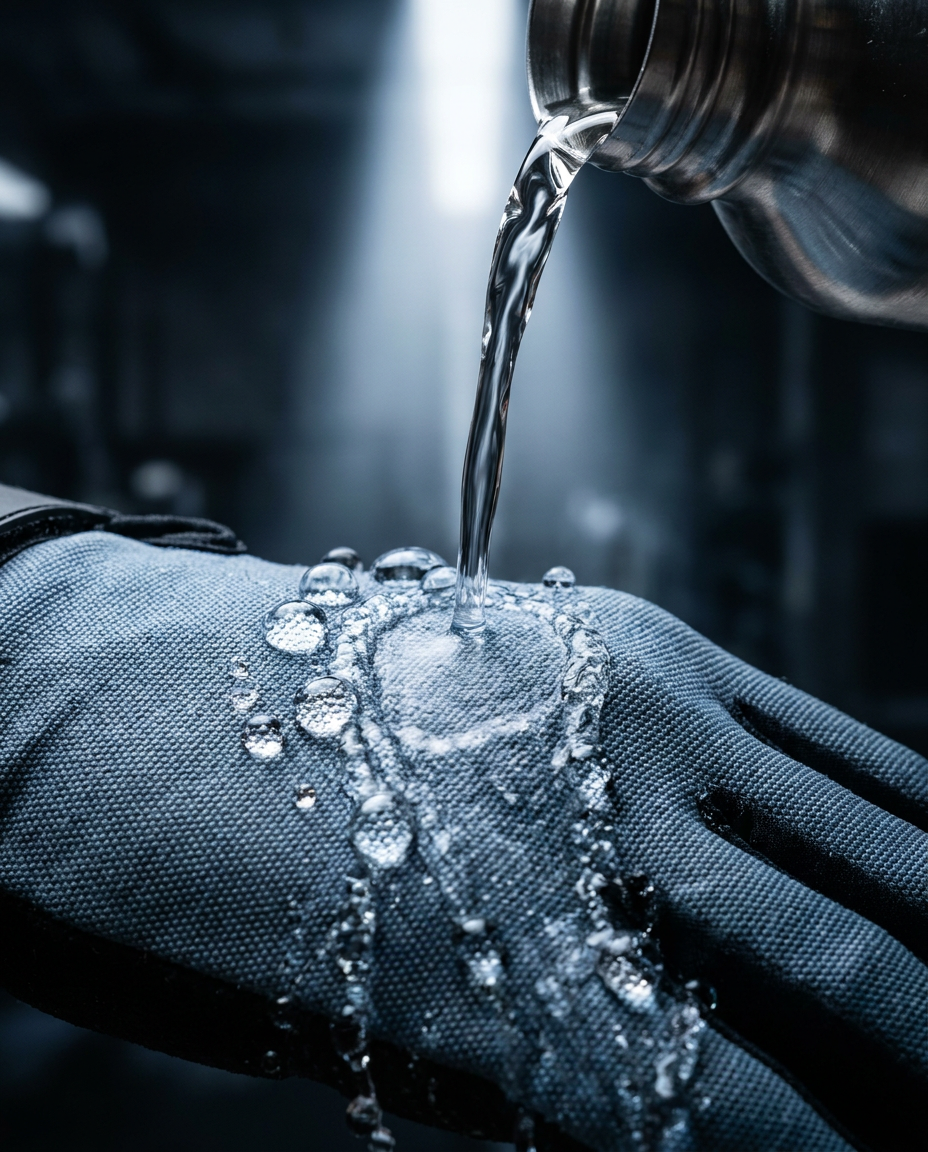 100% waterproof cycling gloves - water droplets rolling off Oxford cloth surface