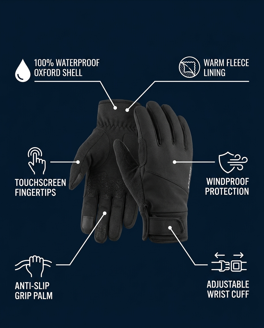Cycling gloves features infographic - waterproof touchscreen anti-slip fleece lining windproof