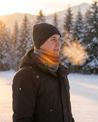 Hero - person wearing gray USB heated fleece neck gaiter in snowy winter