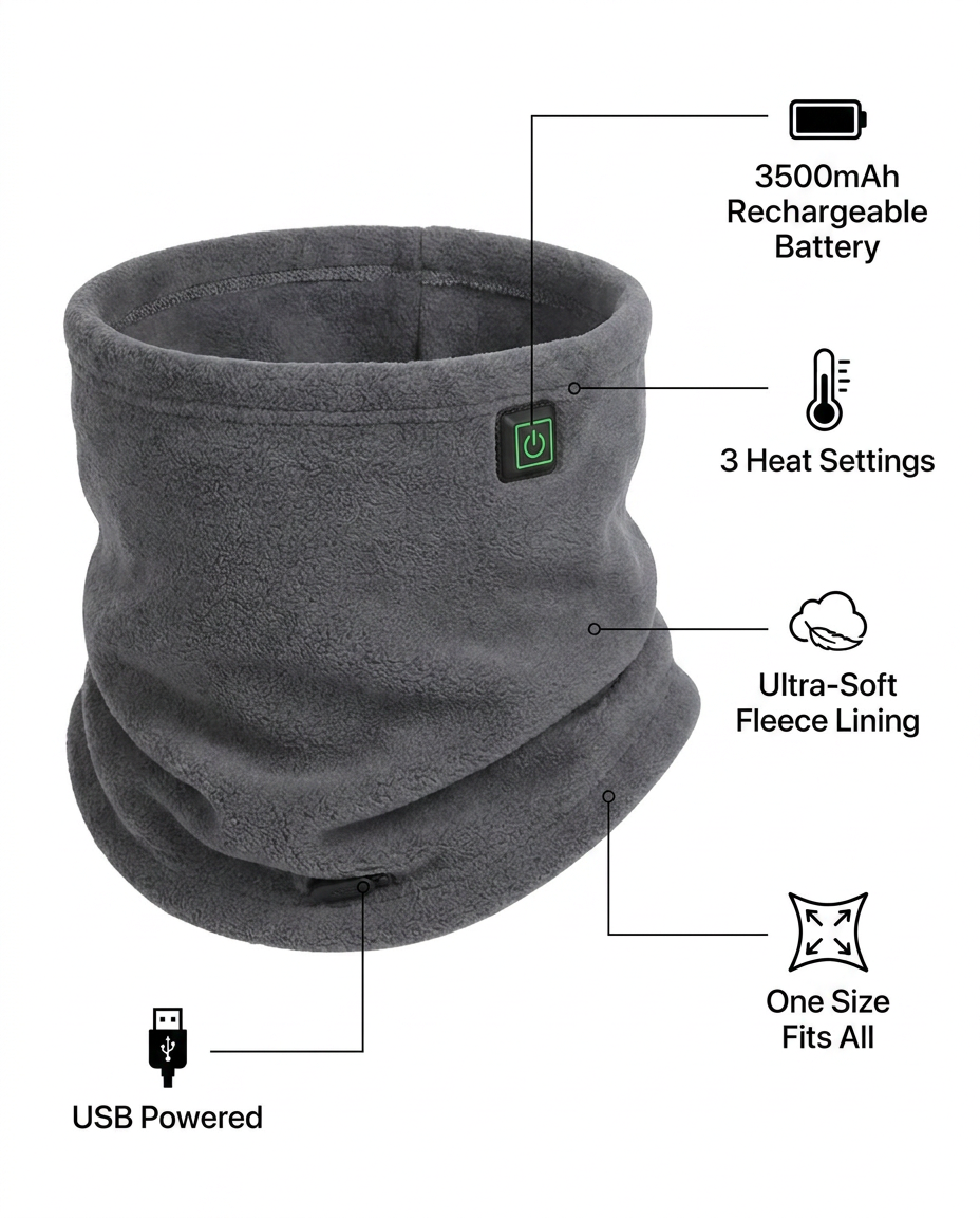 Features infographic - 3500mAh 3 heat settings fleece one size USB powered